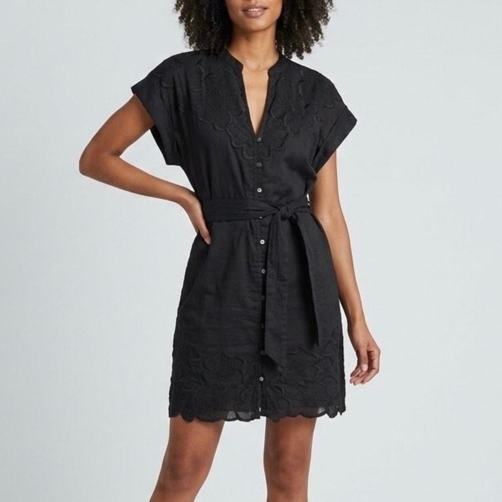 Veronica Beard Archie Black Embroidered Ramie Mini Dress V-Neck Scalloped Hem 10